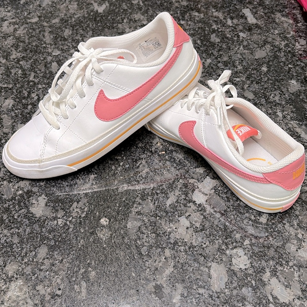 Nike White and Pink Court Legacy Sneakers